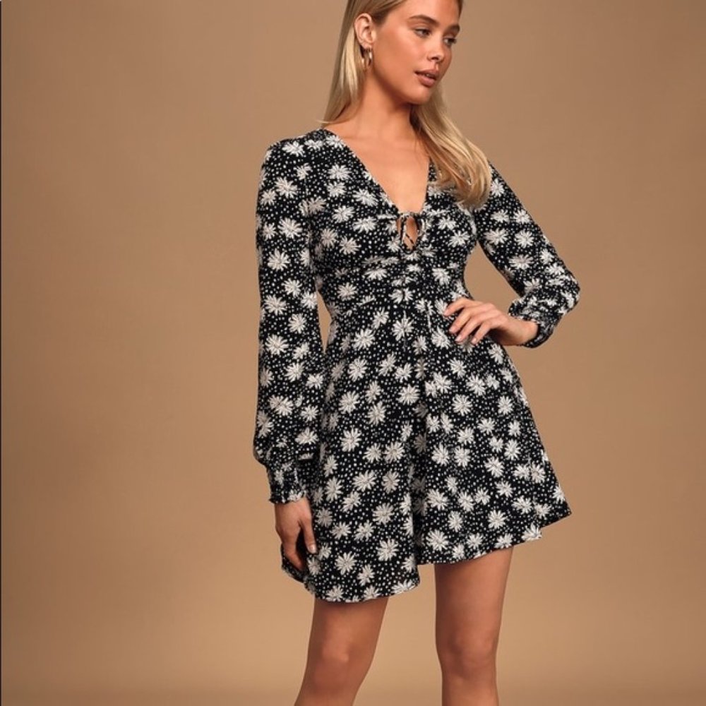 Keep Going Black and White Floral Print Long Sleeve Skater Dress